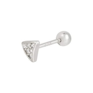 Silver triangle-shaped earring with embedded stones on a white background