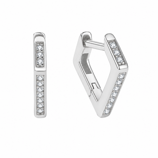 A pair of silver-toned geometric huggie hoop earrings with clear pavé-set stones, shown from both front and side angles on a plain white background.