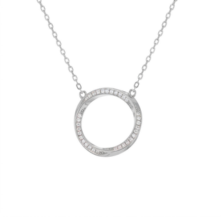 Silver necklace with a circular pendant on a white background