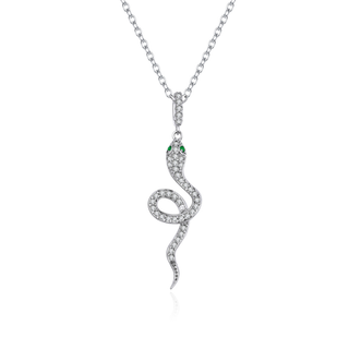 Silver snake-shaped pendant necklace with green gemstones on a white background