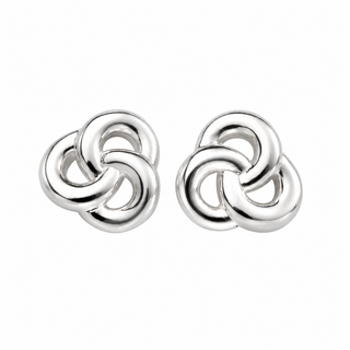 A pair of polished silver-tone interlocking knot stud earrings on a plain white background.