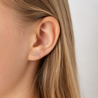 A close-up of a person's ear wearing a small silver dolphin stud earring, with blonde hair visible against a light gray background.