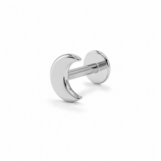 A polished silver-toned metal lip flipper stud, featuring a crescent moon-shaped front and a flat circular post with a screw-back backing, shown on a clean white background.