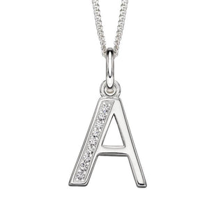 A silver pendant featuring the letter 'A' with cubic zirconia embellishments.
