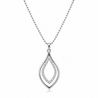 Silver teardrop-shaped pendant necklace on a white background