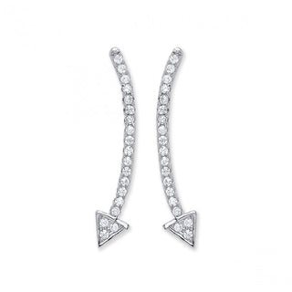 Silver Curved Arrow CZ Climber Earrings