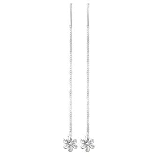 A pair of silver chain earrings featuring daisy motifs at the end of the chain.
