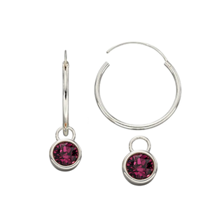 Silver 20mm Hoop Earrings with Dark Purple Crystal Charm Set