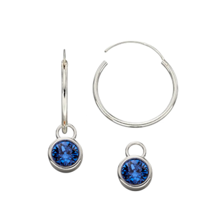 Silver 20mm Hoop Earrings with Deep Blue Crystal Charm Set