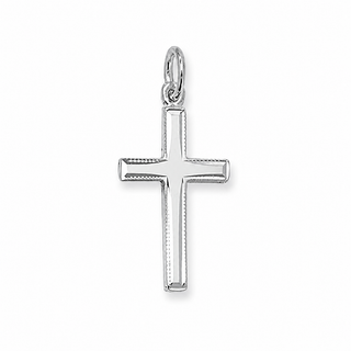 A polished silver cross pendant with a textured beaded border and a smooth center, featuring a top loop for attachment, shown on a plain white background.