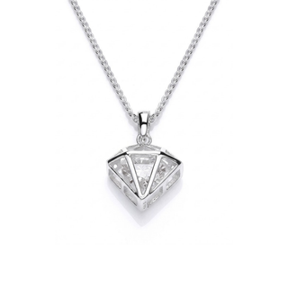diamond shaped Silver pendant necklace on a white background