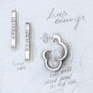 Sketch of silver hoop earrings with front and side views on a light blue background.