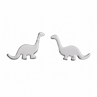 Silver dinosaur-shaped earrings on a white background