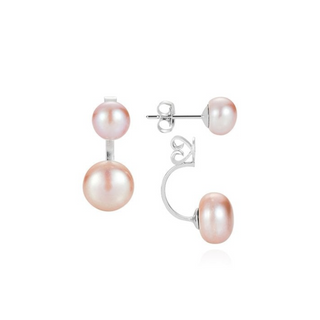 A pair of silver duo pink pearl earrings with a half-circle design, featuring two different sized pearls.