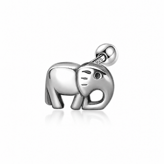 A polished silver elephant charm with a small spherical bead attached to its trunk, shown on a clean white background with a soft reflection below.