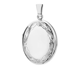 Silver oval pendant with engraved design on a white background