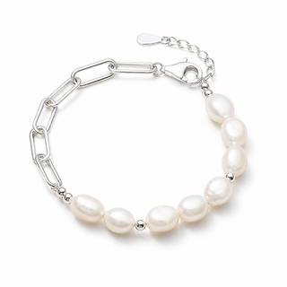 A silver chain bracelet featuring a strand of irregular white freshwater pearls, displayed on a clean white background.