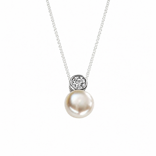 Pearl necklace with a small round diamond on a white background
