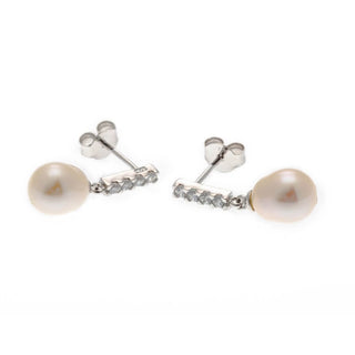 Silver Freshwater Pearl and CZ Bar Drop Earrings