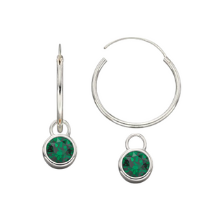 Silver Green Crystal Charms Hoop Earrings