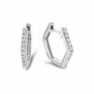 A pair of silver-toned geometric hoop earrings with pavé-set clear stones, shown from two angles on a clean white background.