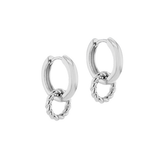 Pair of silver hoop earrings with chain details on a white background