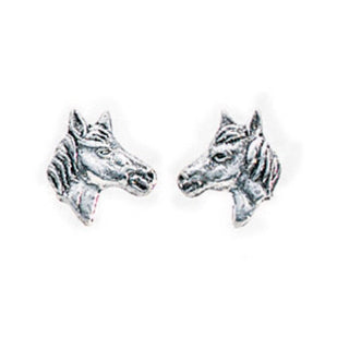 A pair of silver children's earrings designed to resemble horse heads, with polished and oxidised features.