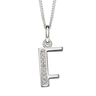 Silver necklace with a letter 'F' pendant on a white background