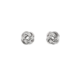 A pair of silver-toned knot stud earrings with a textured, woven design, shown on a plain white background.