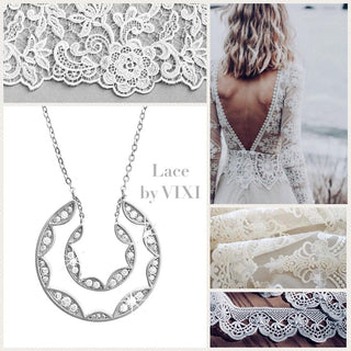 Collage of lace patterns and a necklace with 'Lace by VIXI' branding.