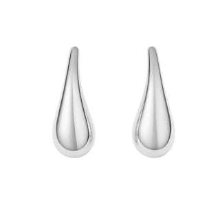 A pair of minimalist teardrop-shaped stud earrings in polished silver, shown against a solid white background.