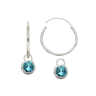 Silver 20mm Hoop Earrings with Aqua Blue Crystal Charm Set
