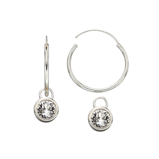 Silver 20mm Hoop Earrings with White Crystal Charm Set