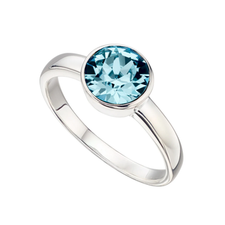 Silver ring with a blue gemstone on a white background
