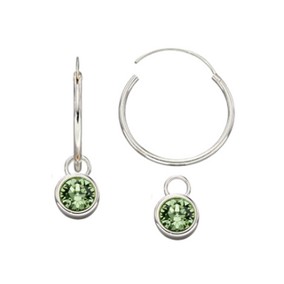 Silver Peridot Crystal Charm Hoop Earrings