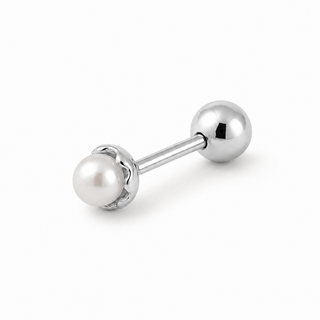 A silver-toned labret piercing stud featuring a white pearl ball on one end and a polished silver ball on the other, set against a plain white background.