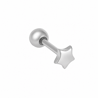 A silver-toned metal labret piercing stud with a spherical ball back and a flat star-shaped front, shown on a plain white background.