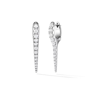 Pair of silver hoop earrings with clear gemstones on a white background