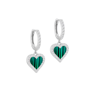 Silver Malachite & CZ Heart Hoop Earrings