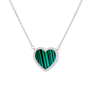 Silver Malachite & CZ Heart Necklace