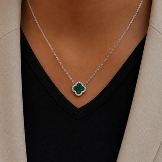 Silver Malachite & CZ Petals Necklace