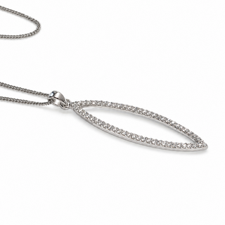 Silver necklace with a marquise-shaped pendant on a white background