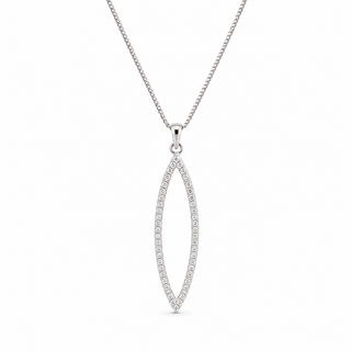 Silver necklace with a marquis-shaped pendant on a white background