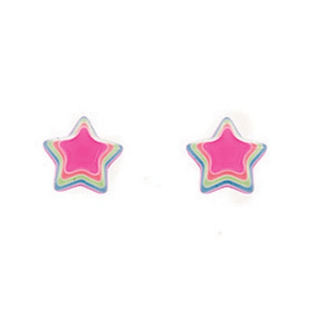 A pair of multicolored neon star-shaped stud earrings on a white background.