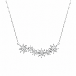 Silver necklace with star-shaped pendants on a white background