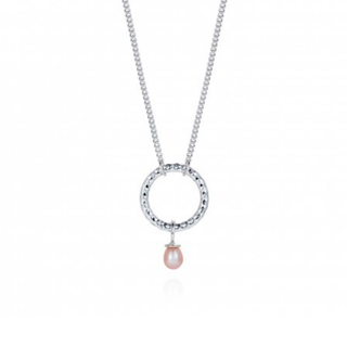 Necklace with a circular pendant and pink pearl on a white background
