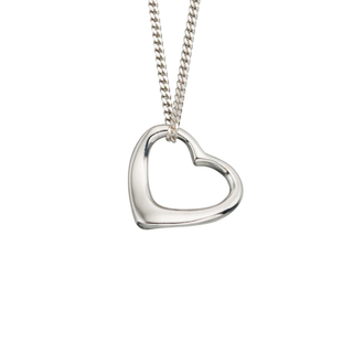 Silver heart-shaped pendant on a chain against a white background