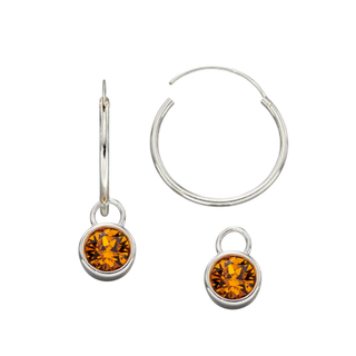 Silver 20mm Hoop Earrings with Orange Crystal Charm Set