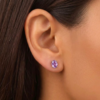 Silver 7mm x 5mm Oval Amethyst Stud Earrings