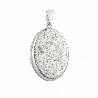 An oval silver locket pendant with an engraved floral scrollwork pattern, shown on a plain white background.